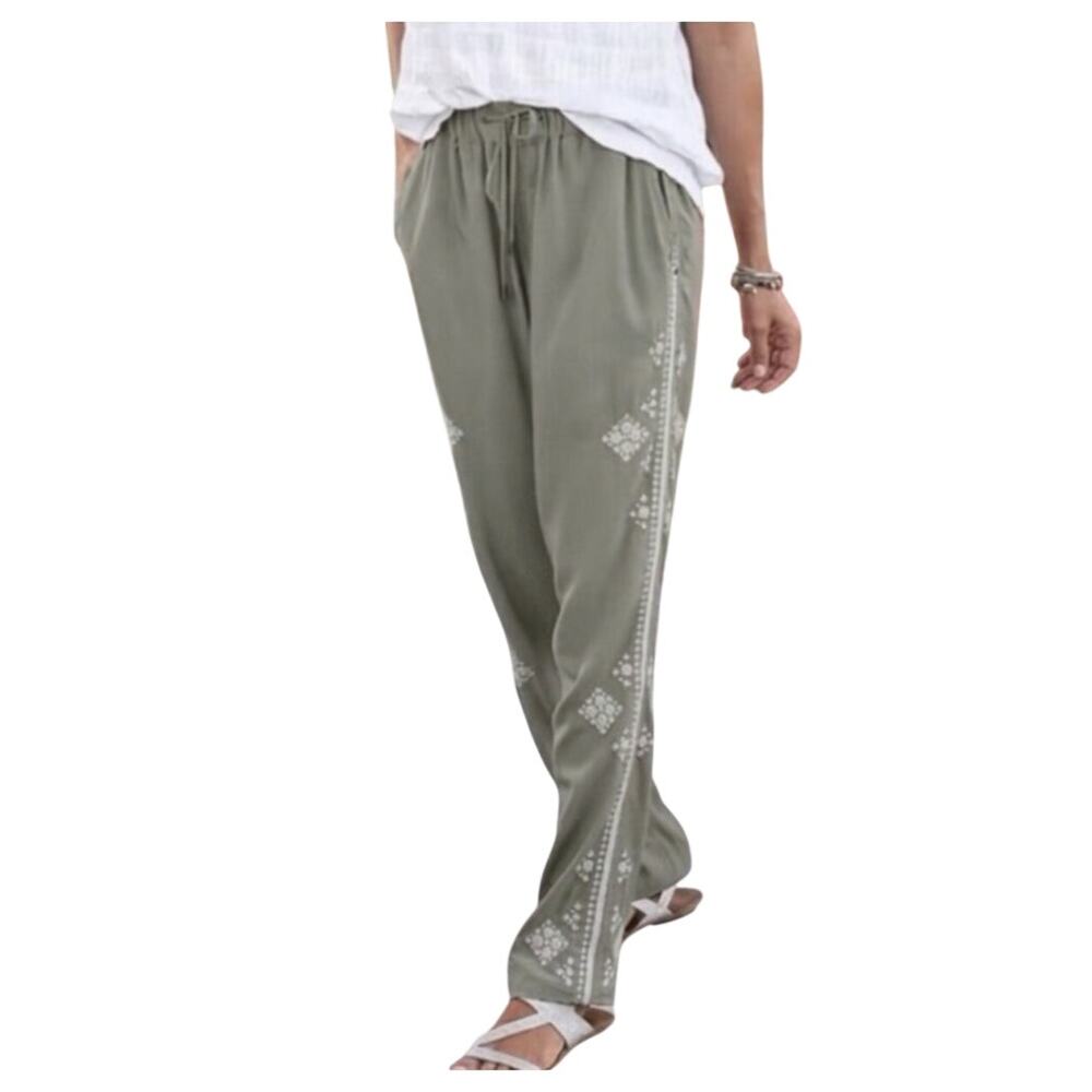 Sundance Tone it Up Embroidered Pants Womens XL Sage Green Boho Pullon